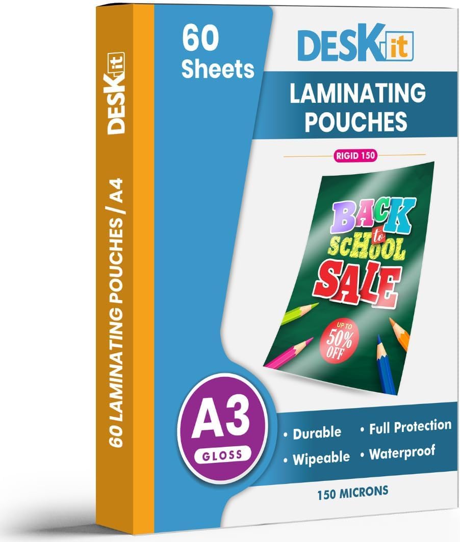 Deskit A3 Laminating Pouches, Glossy, 60 Sheets, 150 Microns - Clear and Durable Presentations - Ideal Rigidity for Everyday Use