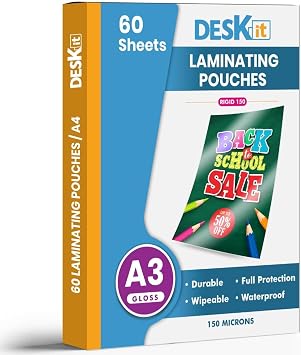 Deskit A3 Laminating Pouches, Glossy, 60 Sheets, 150 Microns - Clear and Durable Presentations - Ideal Rigidity for Everyday Use