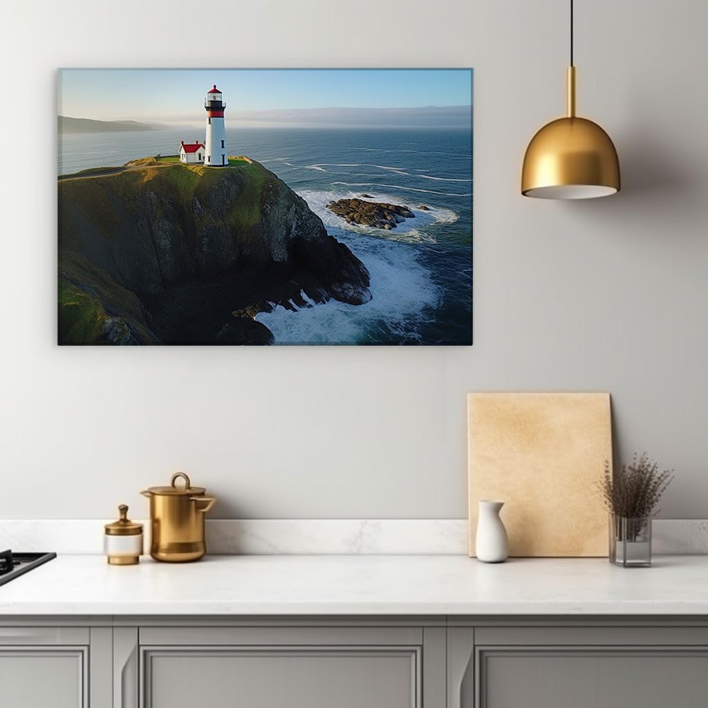 Canvas for Living room. Lighthouse Vigil on the Cliffs - Where Sea Meets Sky, 27 x 18 inch Canvas Wall Art - Clouds - Modern Home Decor - 69x46 cm (27x18 inch)