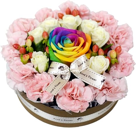 Amazon アンのオリジナルブランド 虹色のバラが入ったお花のデコレーションケーキ お誕生日にお祝いにおしゃれな レインボーローズフラワーケーキ 日時指定無料 フラワーアレンジメント オンライン通販