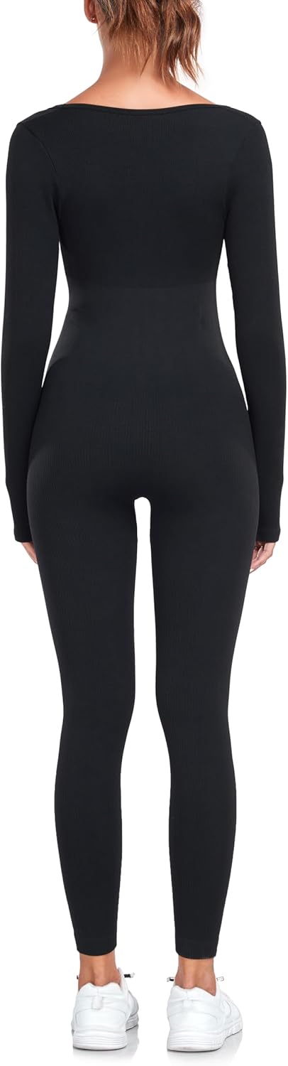 EastElegant Maternity Seamless Yoga Jumpsuits Women's One Piece Workout Bodysuits Ribbed Square Neck Long Sleeved Romper - Image 5