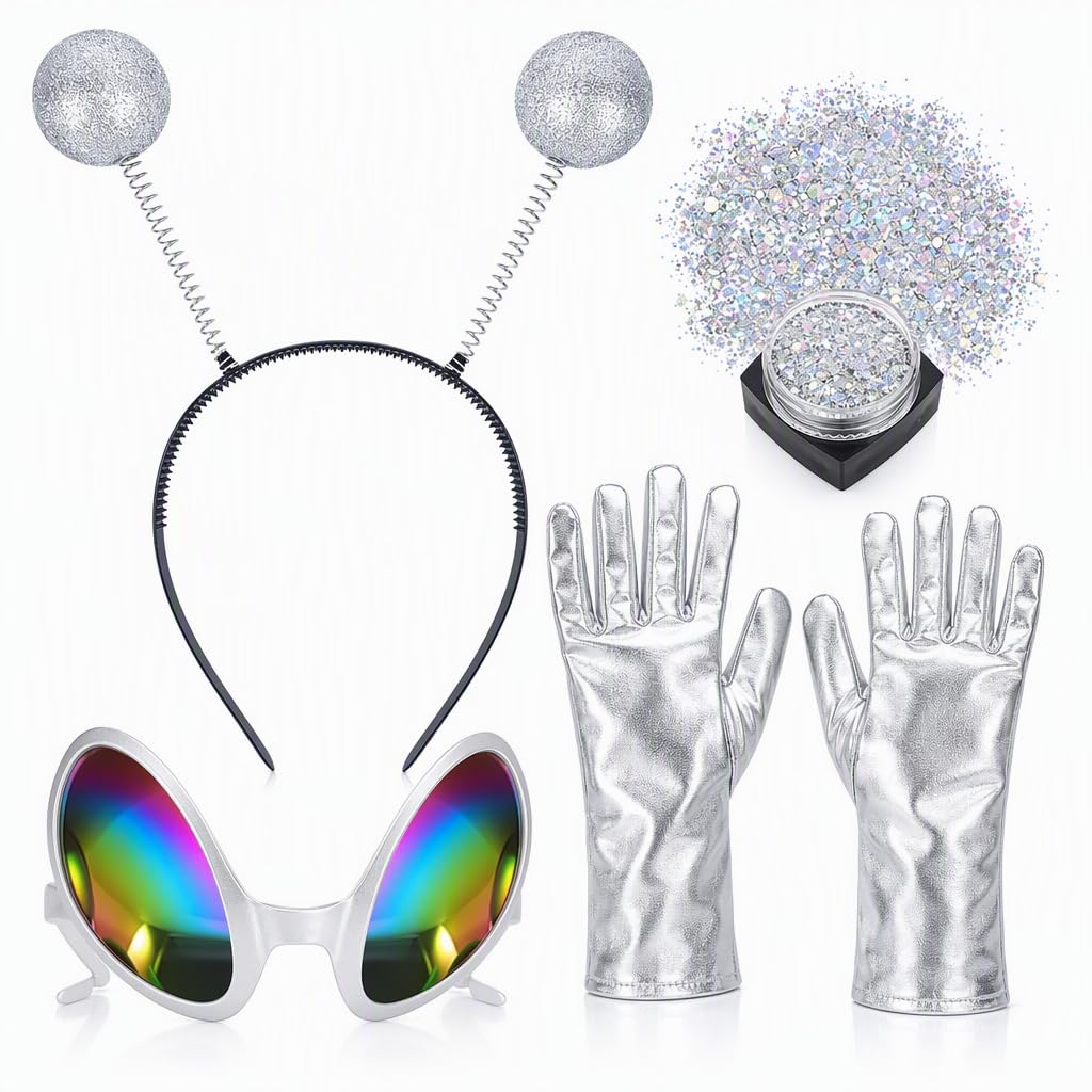 IAndhy Alien Accessories, Alien Costume – 4 PCS Costume Women Set with Alien Headband and Glasses, Metallic Gloves and Holographic Glitter, which for Halloween Cosplay, Space Theme Party