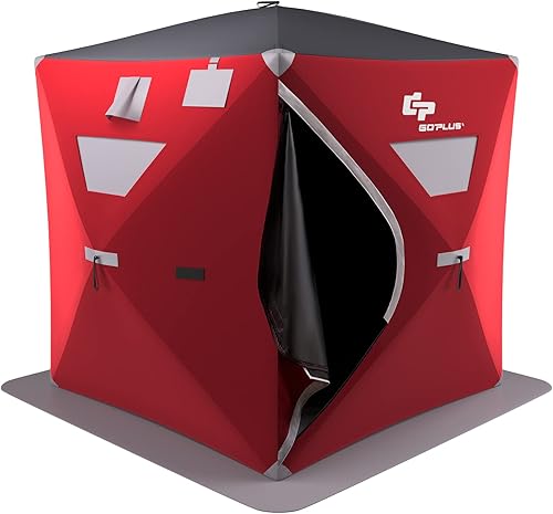 Miniatura 8 de Goplus Refugio de pesca en hielo para 2 a 4 personas, tienda de campaña portátil de pesca en hielo con bolsa de transporte, ventanas, puerta con