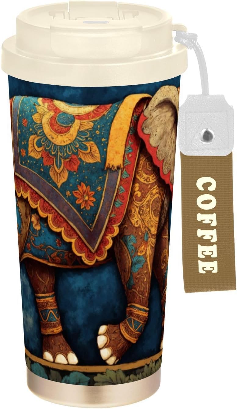 Insulated Coffee Mug Elephant Floral with Straw & Flip Lid, 16.9oz Iced Tumbler Cup, Double Wall Vacuum Mug for Travel Office Camping