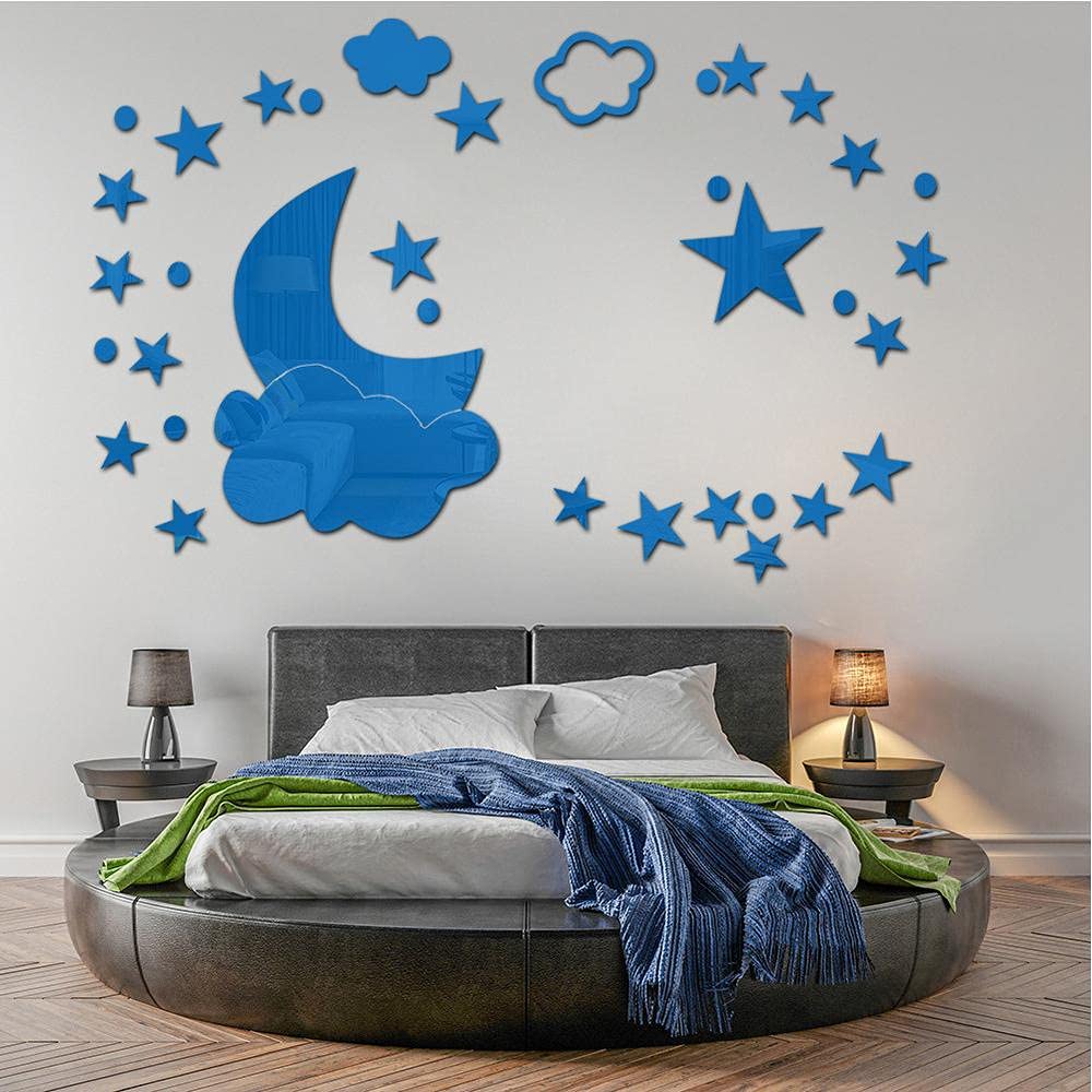 Uterui Mirror Wall Stickers Acrylic Moon Stars Cloud Wall Decals Murals for Living Room Bedroom Decor (Blue)