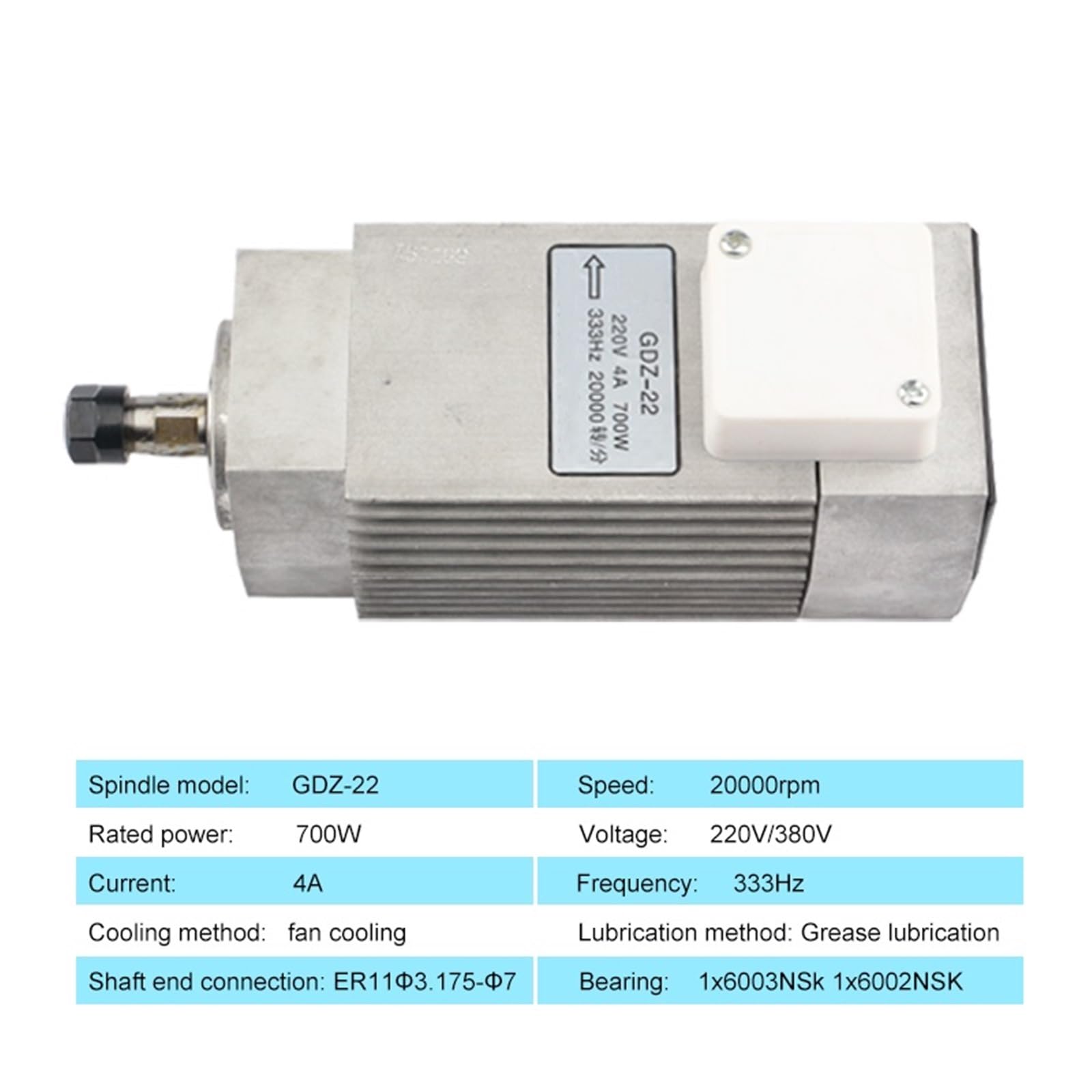 Frezarka CNC 700 W, wrzeciono kwadratowe, 20000 obr./min, 333 Hz, 220 V, ER11, 0,7 kW, silnik wrzeciona grawerowania do obróbki drewna chłodzony powietrzem