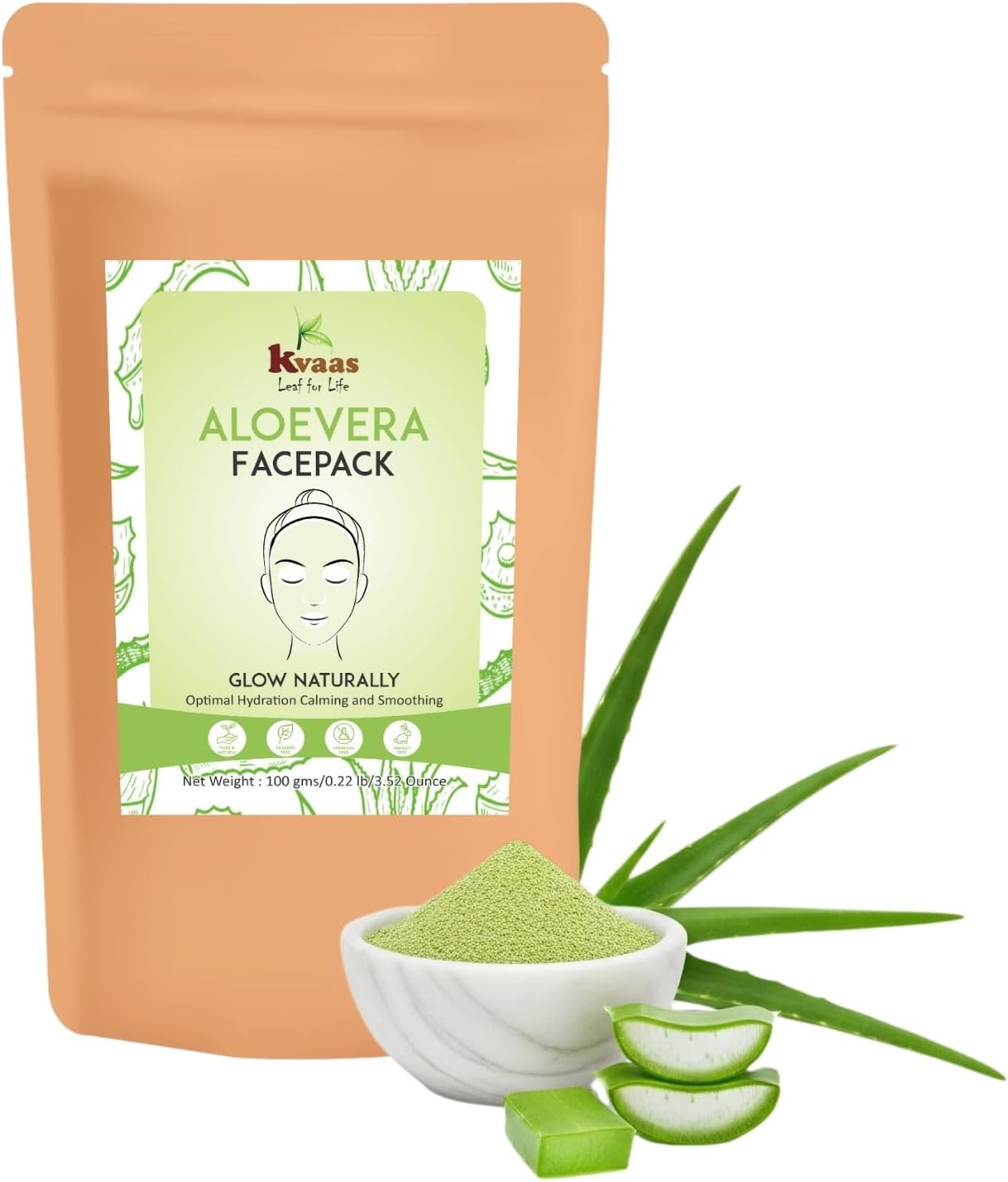 KVAAS Natural Aloe Vera Face Pack 100gm | 100% Natural | Herbal Skin Care | For Glowing, Clear & Nourished Skin | No Chemicals, No PPD