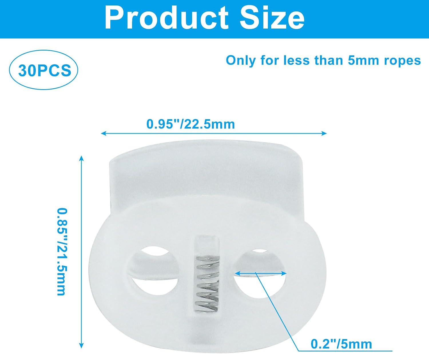 Zorfeter 30Pcs Clear Durable Cord Locks, Heavy Duty Fastener Toggles Double Hole, Plastic Stopper for Shoelaces/Hoodies/Pants Closures and More