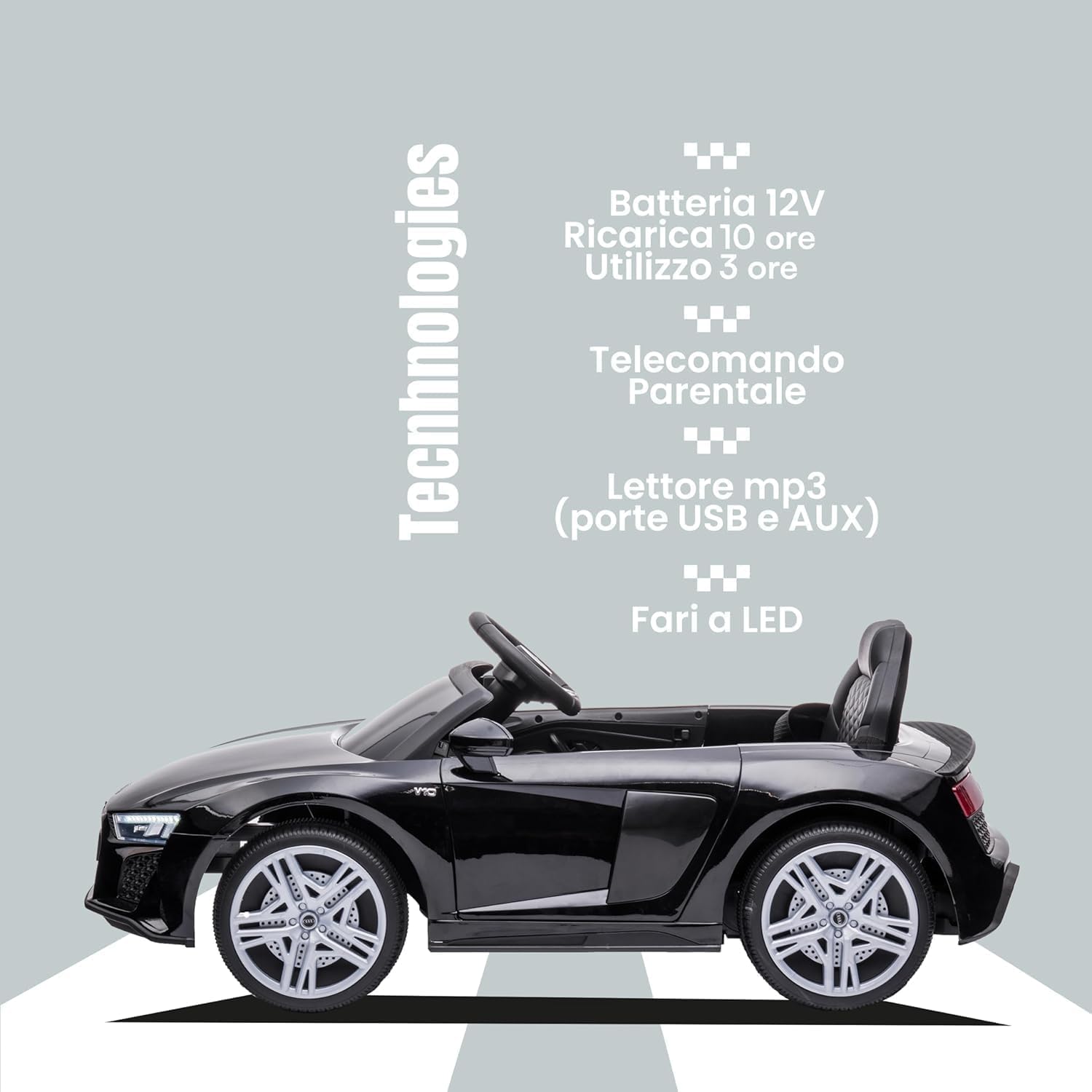 Baroni Home Auto Macchina Elettrica per Bambini Audi R8 Sport, 12V Con MP3, Macchina telecomandata Full Optional, sedile in Eco pelle, porte apribili, Velocità 3-5 km/h, con Telecomando, Nero
