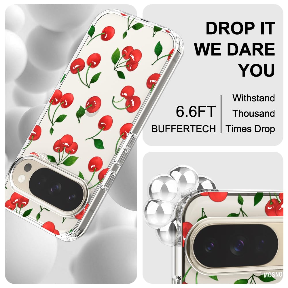 MOSNOVO Case for Google Pixel 10 & Pixel 10 Pro, [Buffertech 6.6ft Military-Grade Drop Protection] [Anti Peel Off Tech] Clear TPU Bumper Phone Case Cover Design - Cute Cherry — view 624