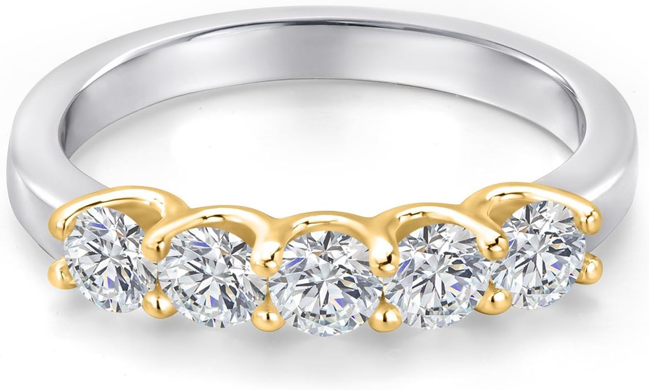 Gem Stone King 925 Silver and 10K Yellow Gold Lab Grown Diamond 5-Stone Wedding-Bands Ring For Women | 0.85 Cttw | Round 3.5MM | DEF Color | VVS-VS Clarity - Image 3
