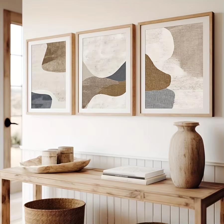 Tableaux abstraits bleu et beige grand format triptyque mural moderne mid-century AEFOUU - 3