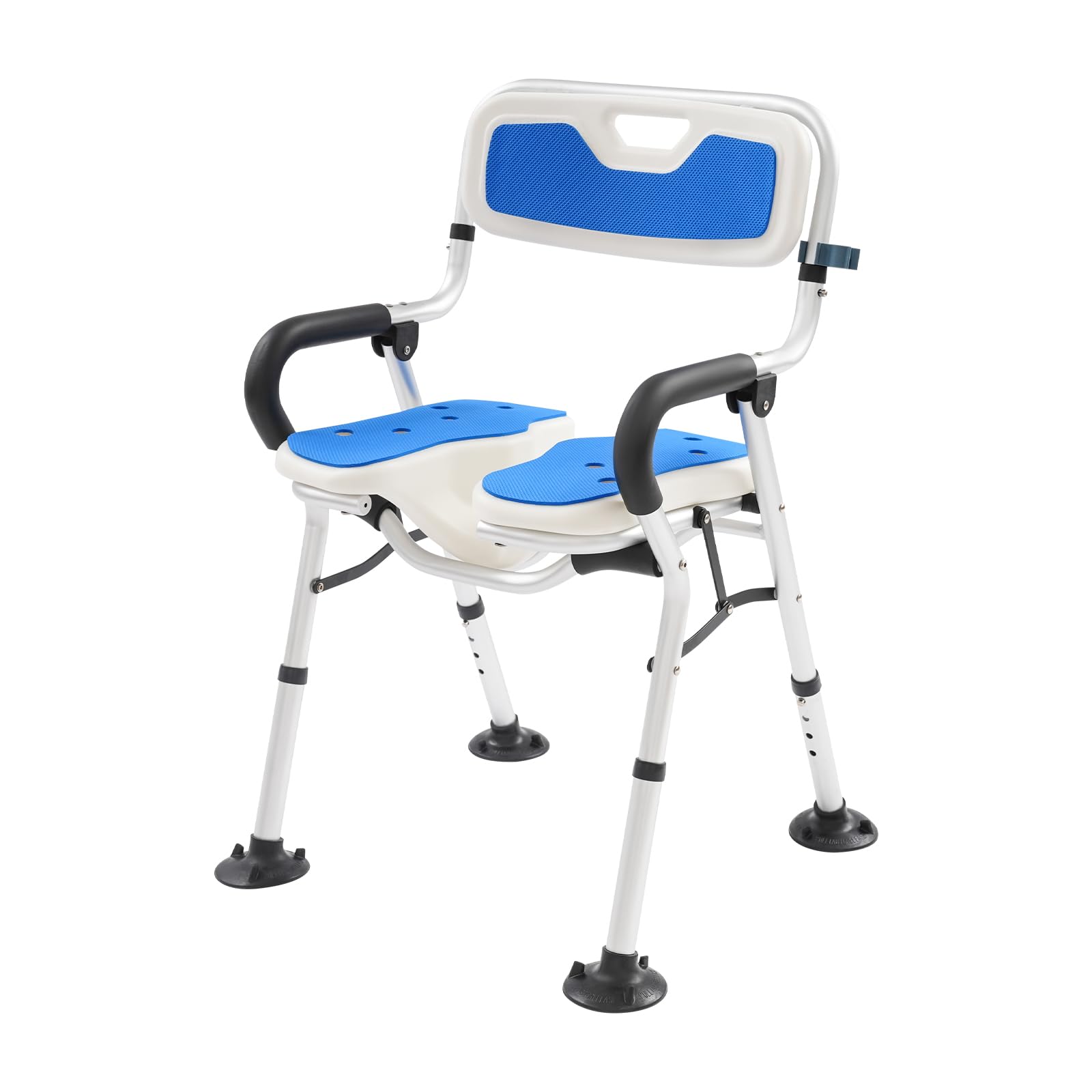 Silla de ducha en forma de U con respaldo y reposabrazos, plegable, antideslizante, altura regulable (72-79 cm), hasta 150 kg, para personas mayores y personas