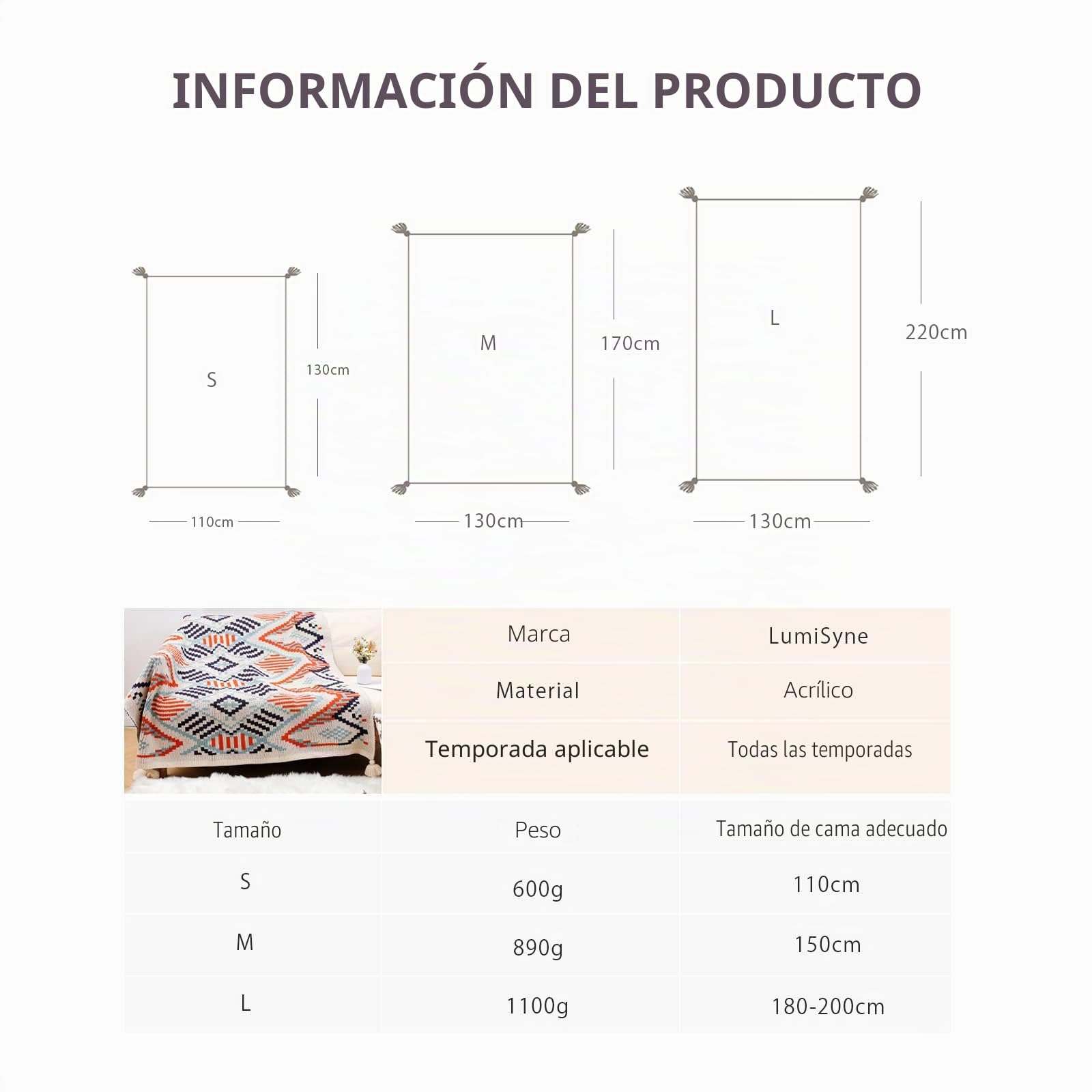 LumiSyne Manta De Punto con Borlas Vintage Estilo Etnico Bohemio Patrón Geométricos Cálido Suave Cubresofa para Sofá Cama Cubrecama Manta Chal 130x110cm