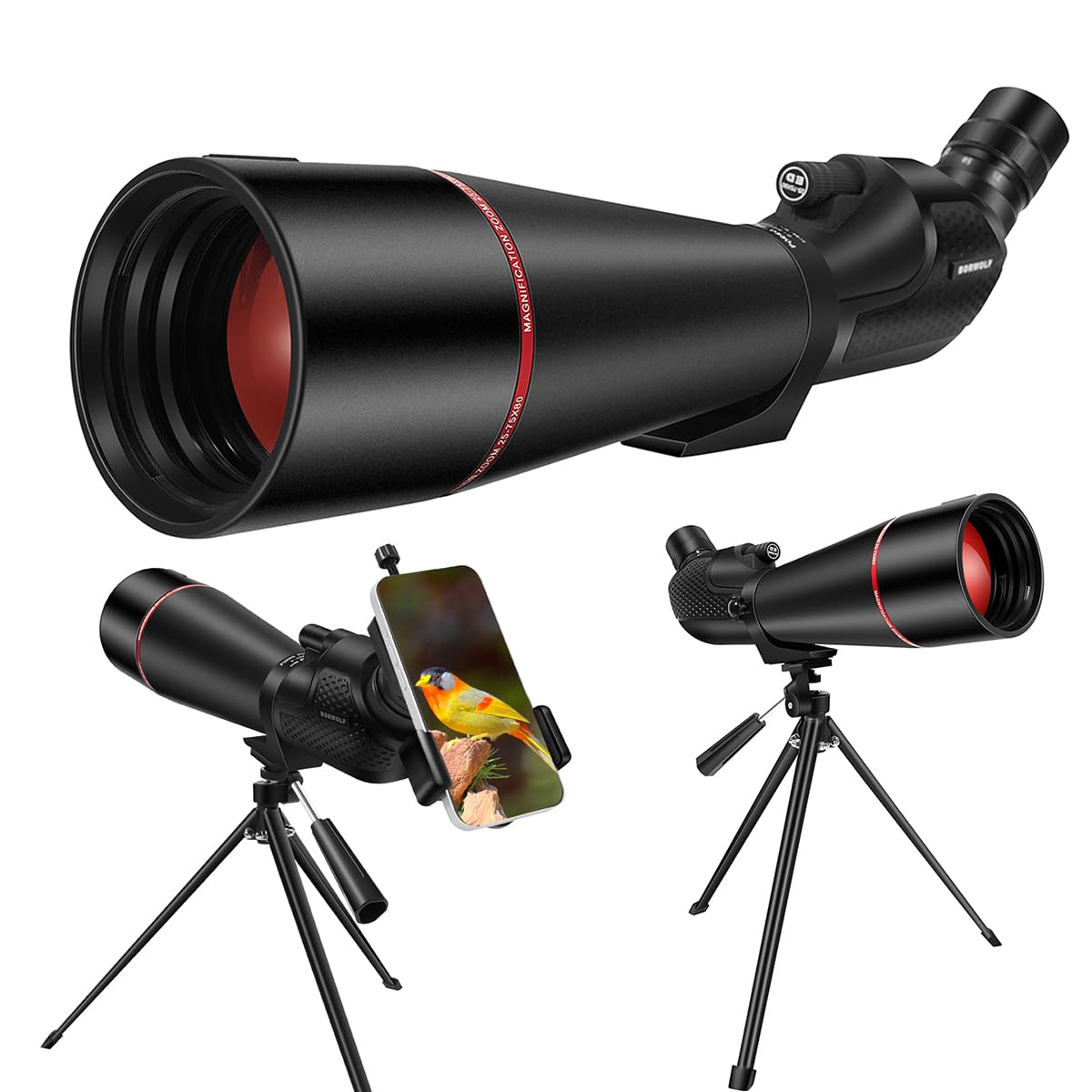 Lunette d'observation 25-75 x 80 pour tir et chasse – Lunette d'observation avec trépied adaptateur téléphone étanche HD pour tir sur cible, observation des oiseaux