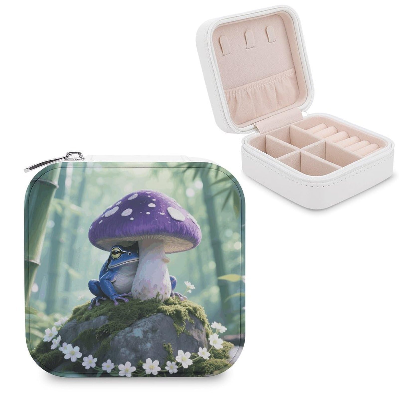 VstaDank Frog Mushroom Aesthetic Jewelry Organizer Travel Case for Women With Zipper Mini Jewelry Case PU Leather Jewelrys Box for Rings Necklaces Bracelets Earring Holder Organizer Storage