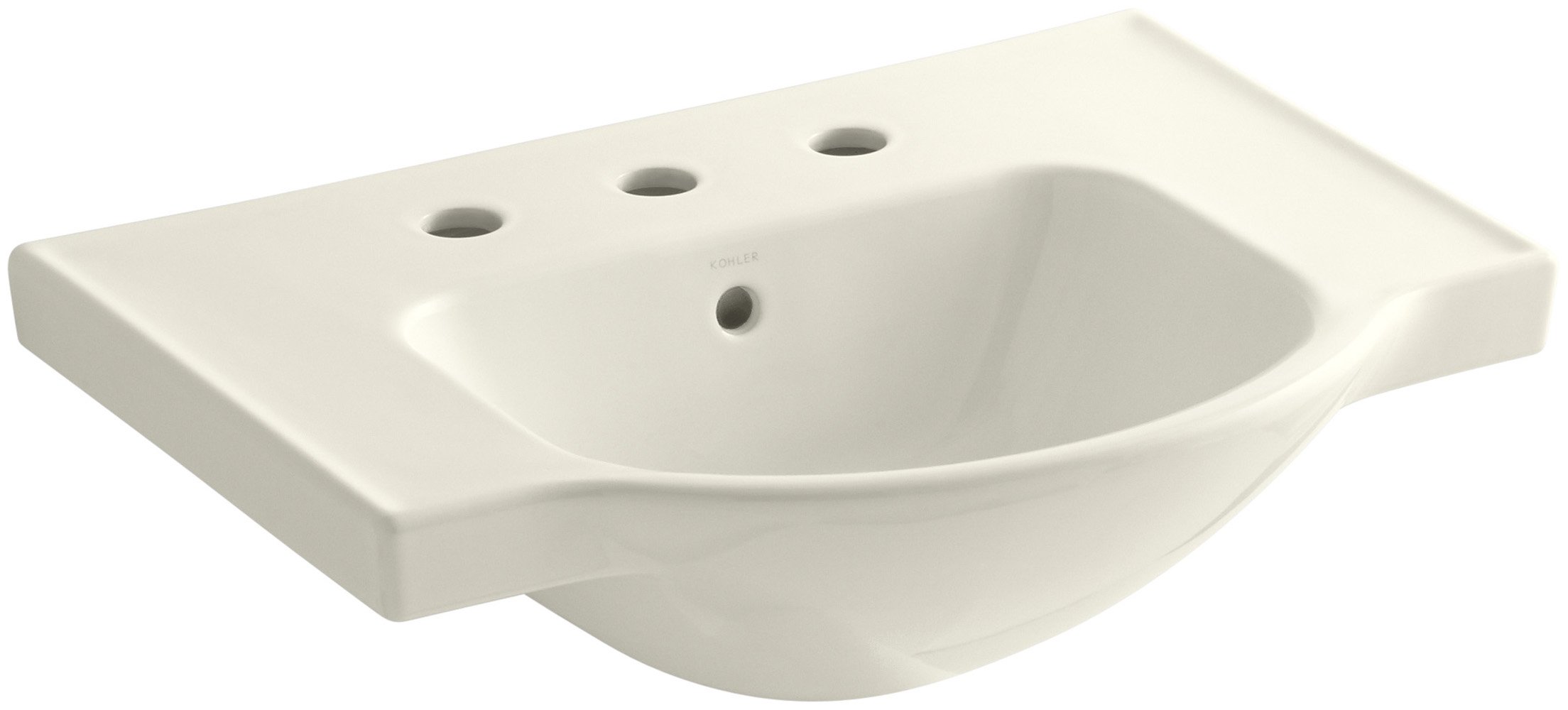 Lavabo Kohler K-Veer de tres huecos para pedestal en baños pequeños de color beige