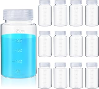 Tatuo 12 Pcs Plastic Sample Bottles with Screw Cap, Liquid Containers with Lid for Lab Reagent Sample Medicine Pill Water Storage, Travel Bottles(Clear,8oz 250 ml,Wide Mouth-white Scale)