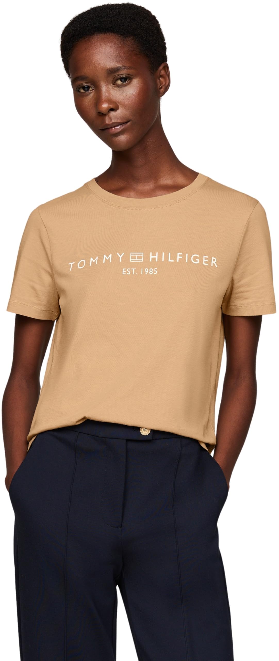 Tommy Hilfiger Women's REG Corp Logo C-NK SS WW0WW40276 S/S Knit Tops, Khaki (Classic Khaki), XL