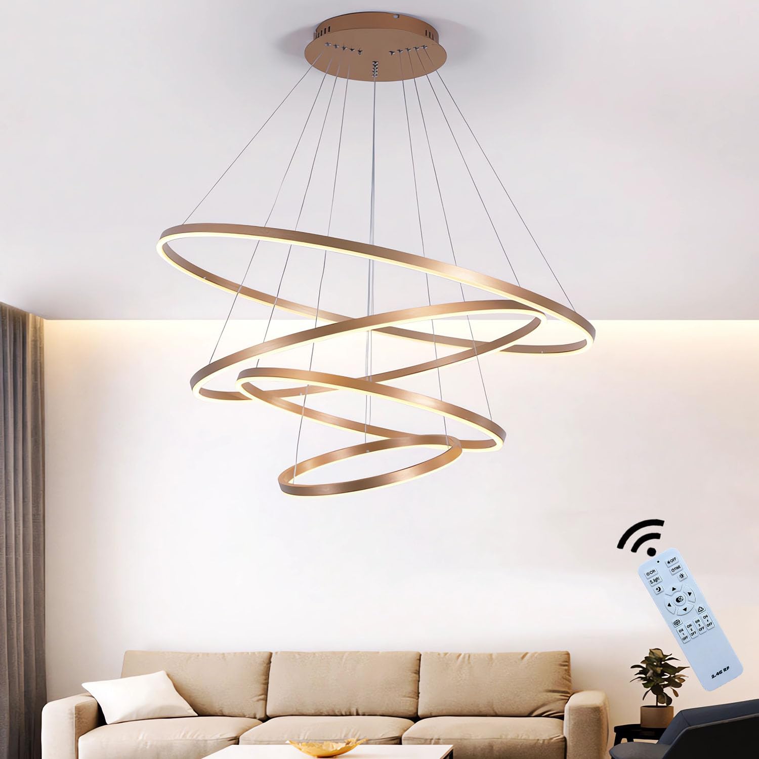 J.SUNUN Led Ceiling Lighting Modern 4 Rings Pendant Light 108W 5400LM Dimmable with Remote Control 3 Color Round Metal LED Chandelier for Living Room Bedrooms Dining Room Office Brown 20+40+60+80CM