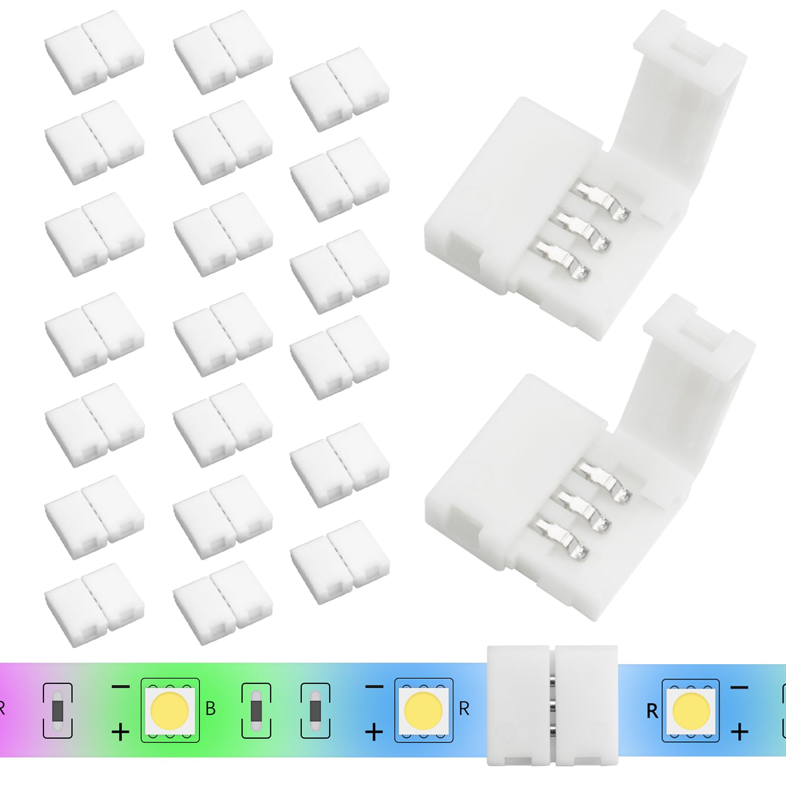 Yetaida 20PCS 3-Pin LED Strip Connectors, 8mm Corner Light Connectors Solderless, Extendable Terminal Adapters for WS2811 & WS2812 &WS2812b RGB LED