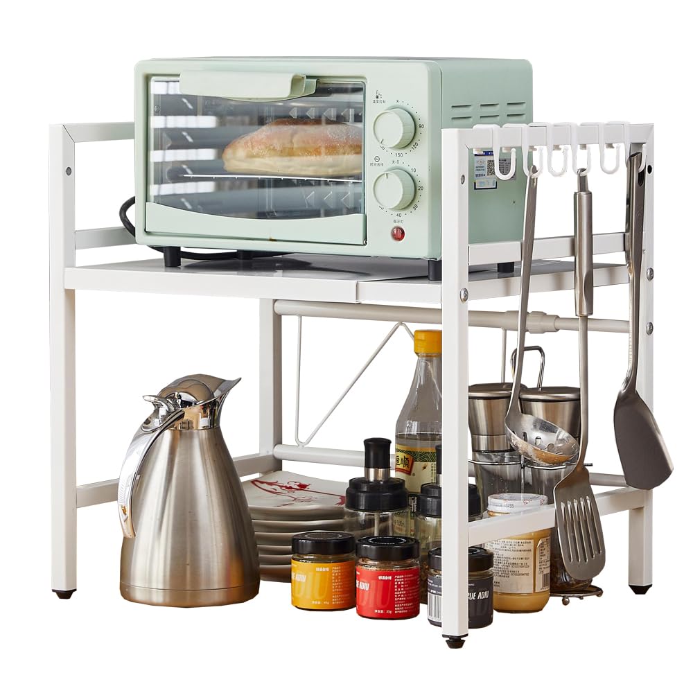 Rainbow Tree Microwave Oven Rack, Expandable Microwave Stand, 2 Tier Metal Kitchen Countertop Organizer Shelves, Bakers Racks for Kitchens (White, 2-Tier)