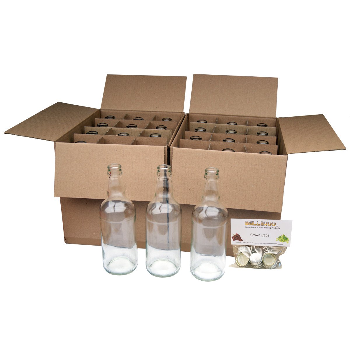 BALLIIHOO Pack of 24 x 500ml Clear Glass Beer Bottles with Crown Caps