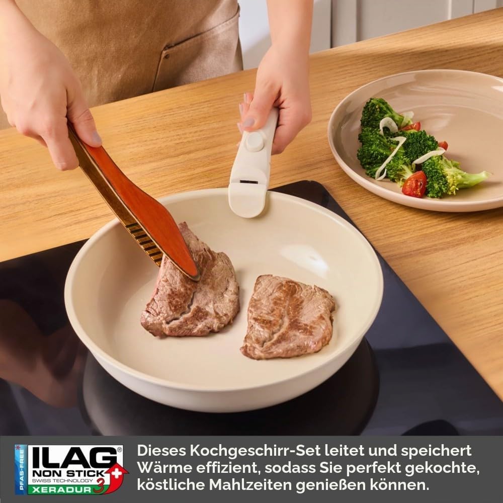 Karaca Comfort 6-tlg Keramik-Kochgeschirrset mit abnehmbaren Griffen, Ofen- und Herdgeeignet Topfset Induktion, Antihaftbeschichtung Kochtopf Set, für alle Herdarten Töpfe & Bratpfanne