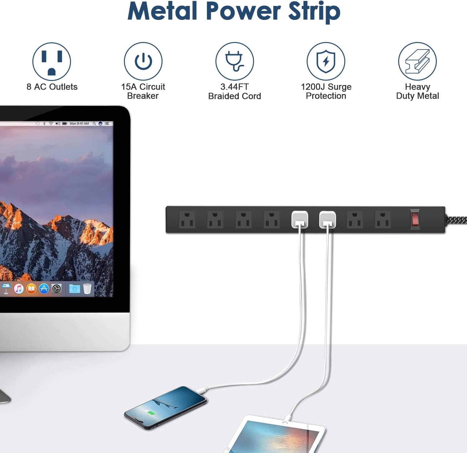 8 Outlet Power Strip - Metal Power Strip with Switch,Wide Spaced Moutable Surge Protector 1200J,3ft 14Awg Braided Cord,Home Office Industrial Garage Commercial