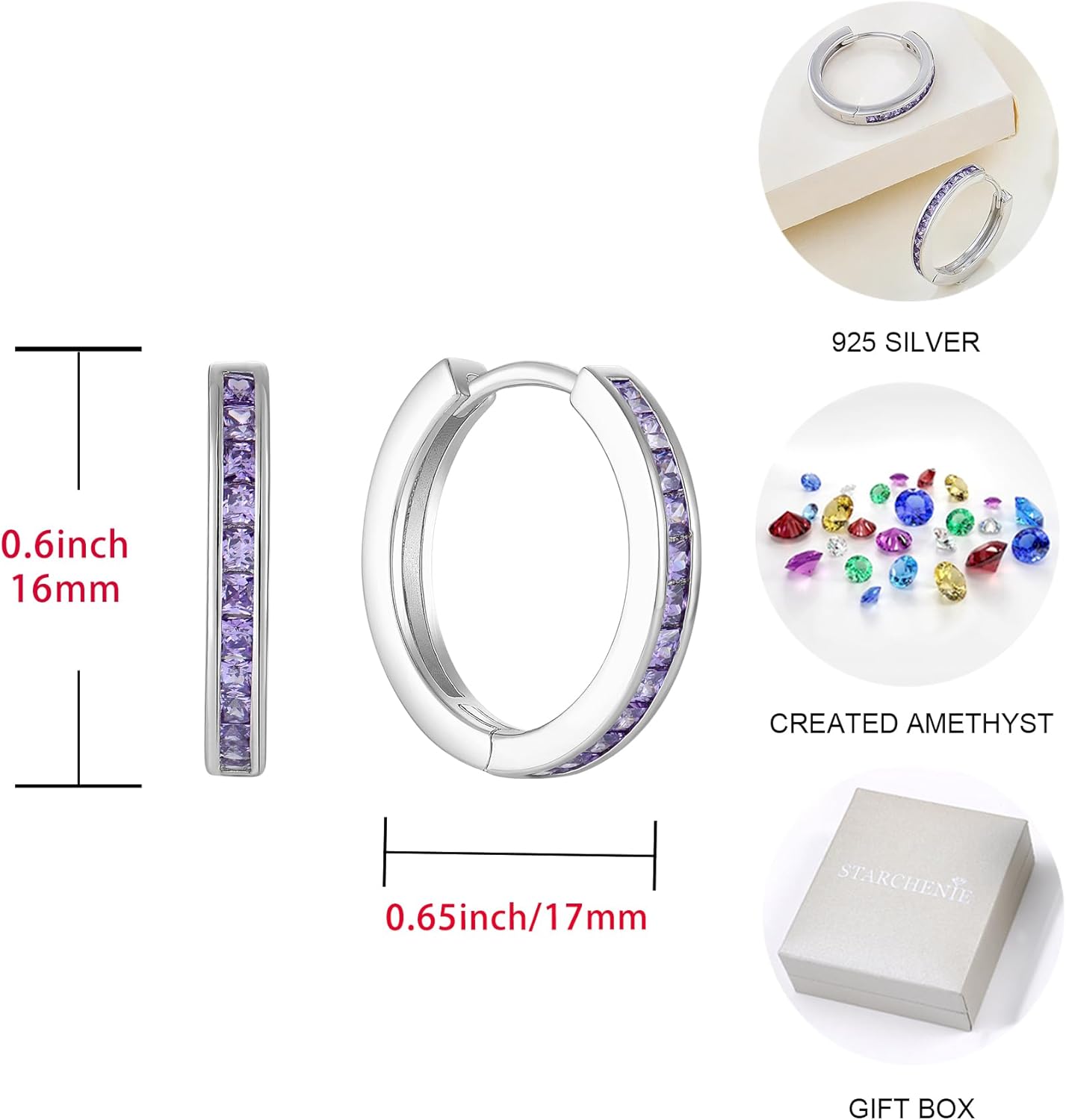 Starchenie Huggie Hoop Earrings for Women 925 Sterling Silver Princess Cut Birthstones Jewelry Gift