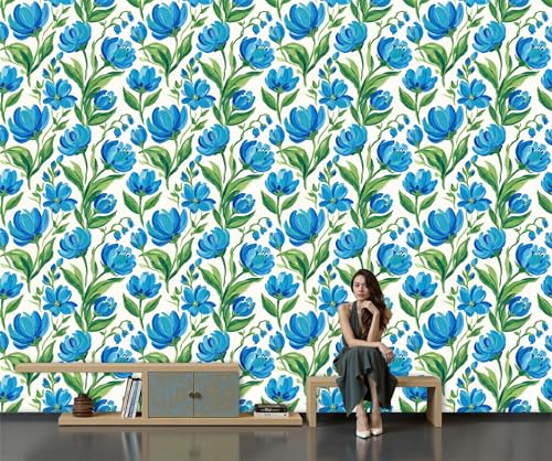 Fiordalisi Blu Carta Da Parati Panoramica 200L×140Acm, Fiori Freschi Ad Acquerello Parati Seta, Blu Cobalto Grandi Murali Per Soggiorno Camera Da Letto Studio