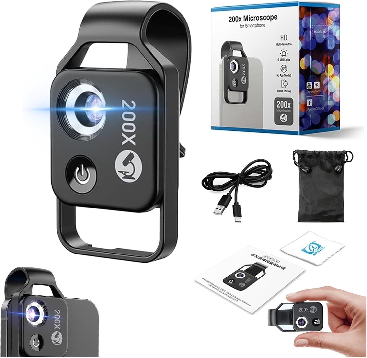 2025 New Nano Zoom 200x for iPhone, Portable Mini Pocket Macro Smartphone Microscope Camera with CPL Lenses, Nanozoom for iPhone and Android Lens Attachment (Black)