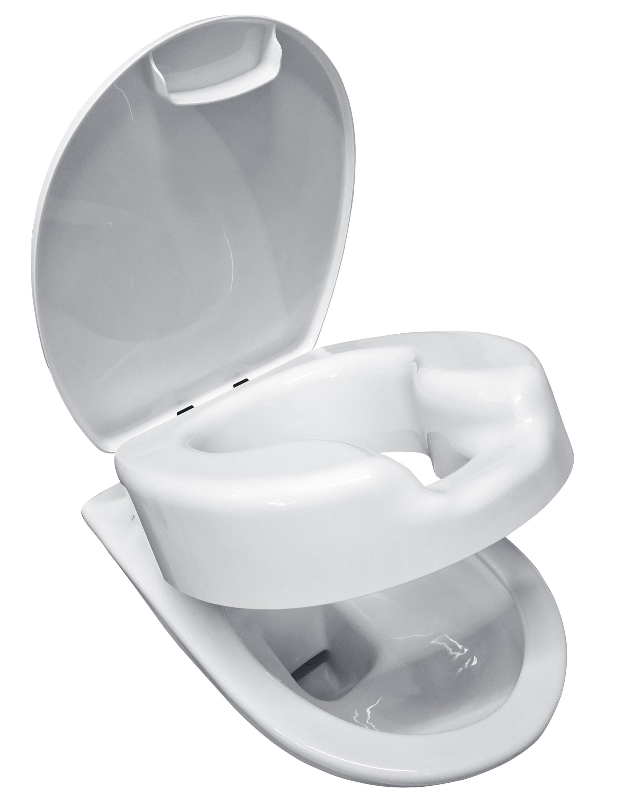 HYTO Toilettensitzerhöhung 12 cm mit stabilem Scharnier aus Edelstahl und Deckel, WC Sitzerhöhung für Senioren, Hoher Toilettensitz 12 cm, Sitzbrett für Senioren, Weiß | Stabiles Scharnier aus Edelstahl, Für Senioren, Hoher Toilettensitz