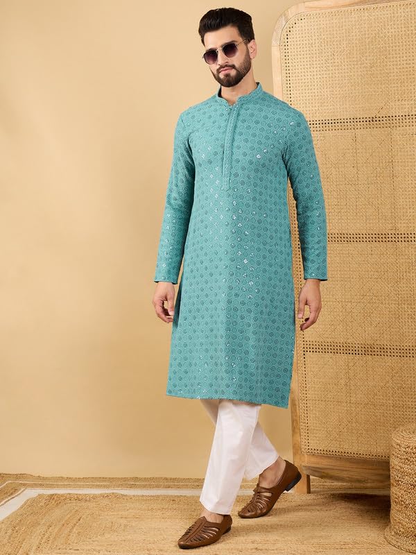 Image of Men's Solid Embroidered Long Straight Kurta | Men's Kurta | Embroidered Chikankari Kurta for Men | Straight Fit Kurta for Men