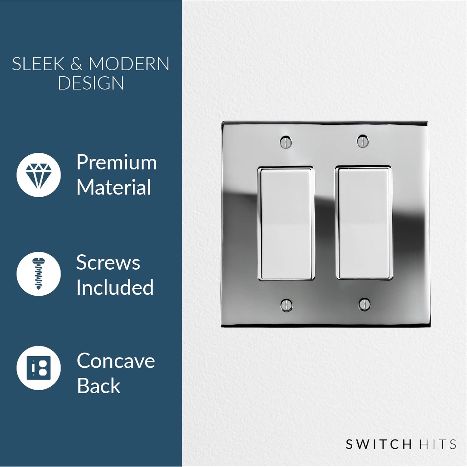 Polished Chrome SWITCH HITS Double Decorator Wall Plate | 2 GFI Rocker | 4.50" x 4.50" | Modern Electrical Outlet Cover Collection | Quality Switch Plates For All Configurations image 4