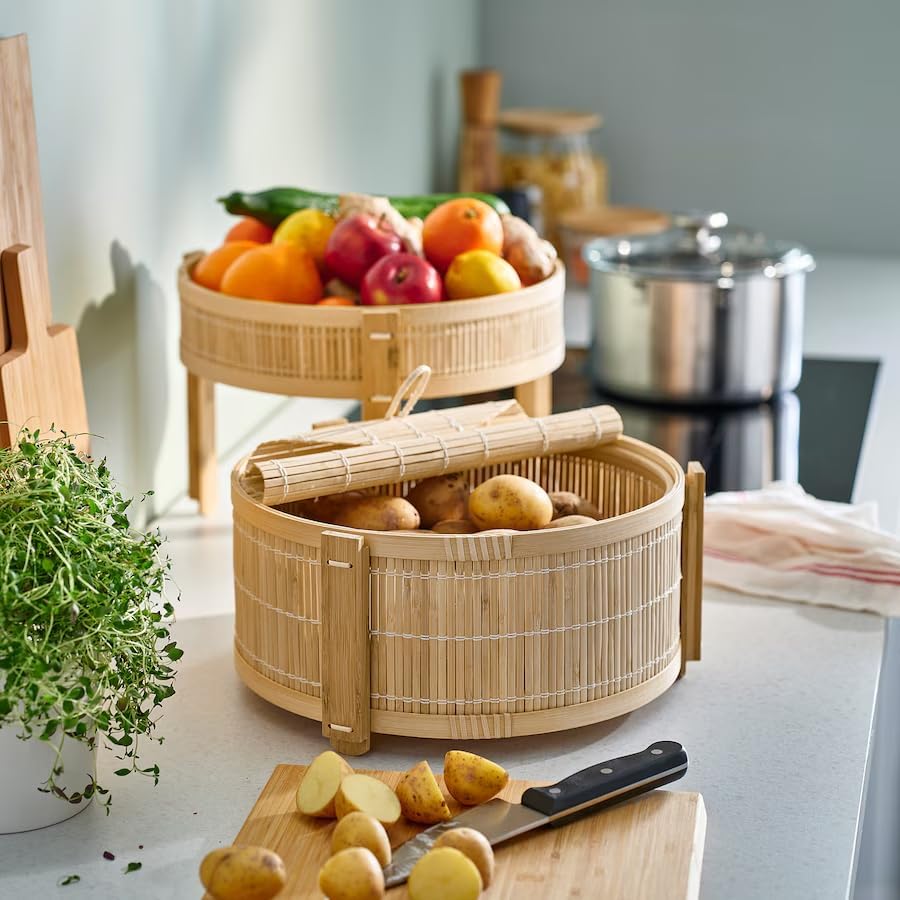 2-Piece Bamboo Fruit Basket Set – Stackable Round Storage Bins for Produce & Pantry