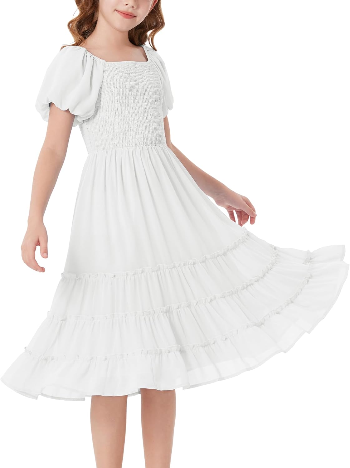 GRACE KARIN Girls Short Sleeve Smocked Summer Ruffle Dresses 7-14Y Teen Square Neck Casual Party Midii Maxi Dress