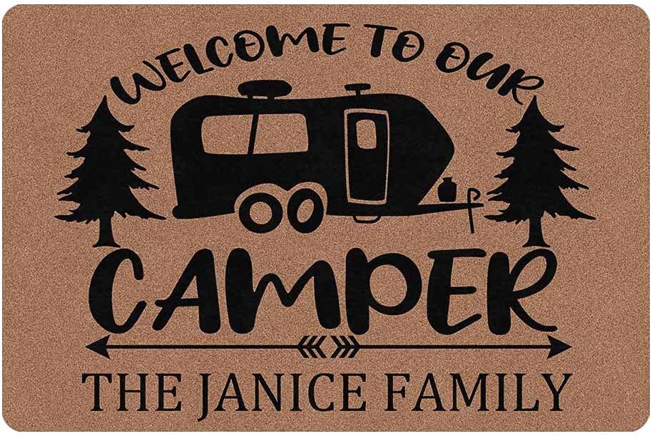 Custom Name Doormats with Heavy-Duty 24x16 Inch Welcome to Our Camper Non-Slip Rubber Doormat Decorative Rugs for Entryway Indoor Outdoor Floor Mat for Home Kitchen Livingroom Easy Clean Made in USA