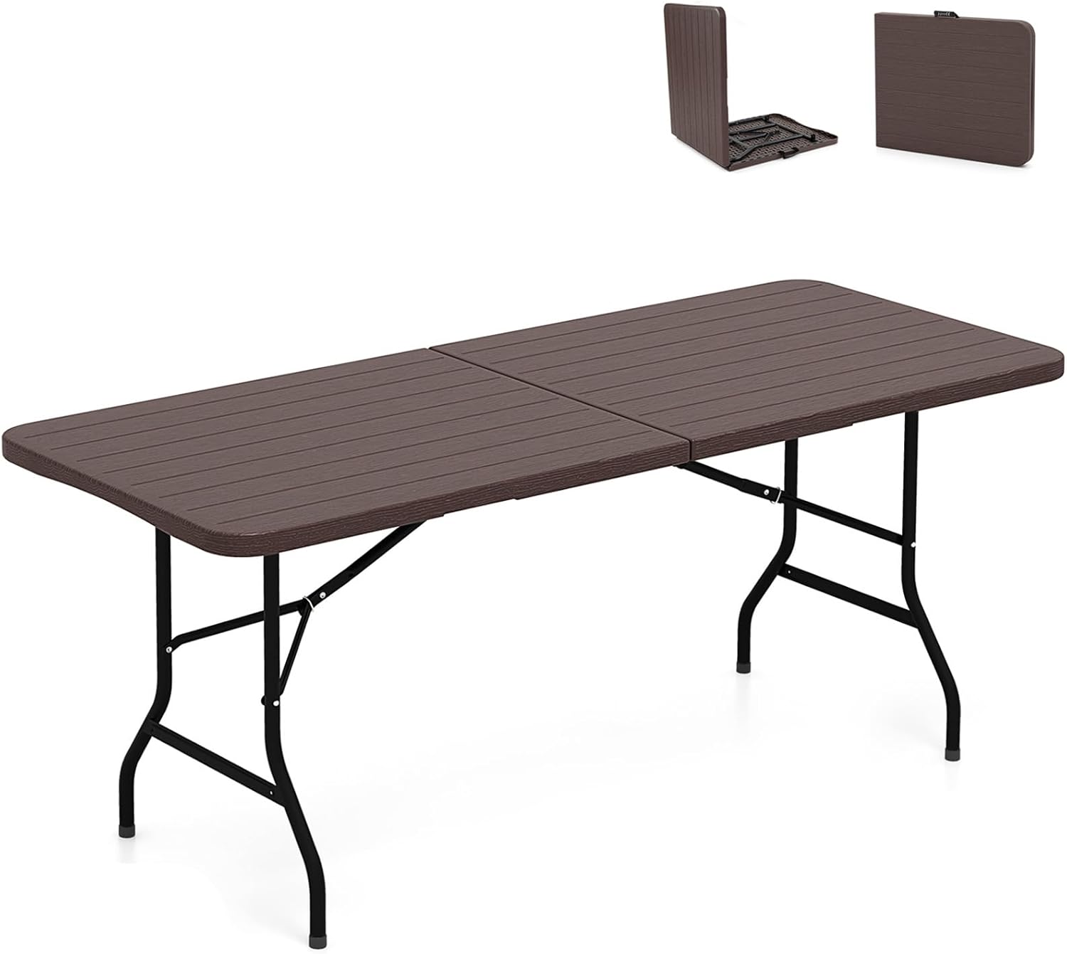 Nightcore Folding Table, HDPE Portable Table with 6ft Long Tabletop, Metal Frame Picnic Camping Table with Safe Lock, Collapsible Dining Table for Camping, Picnic, Party (Brown)