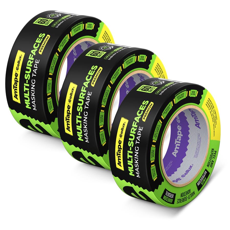 AmTape Premium Multi-Surfaces Masking Tape, Solvent-Resistant, 60-Day Outdoor Clean Removal, Super Washi Painter’s Tape for Wood, Metal, Glass, Walls, Trim, Baseboards, Green (1" - 3 Rolls)