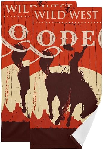 Juego de 2 toallas de mano de caballo vaquero para baño, juego de 2 toallas de baño pequeñas con estampado de letrero de madera vintage, juego de