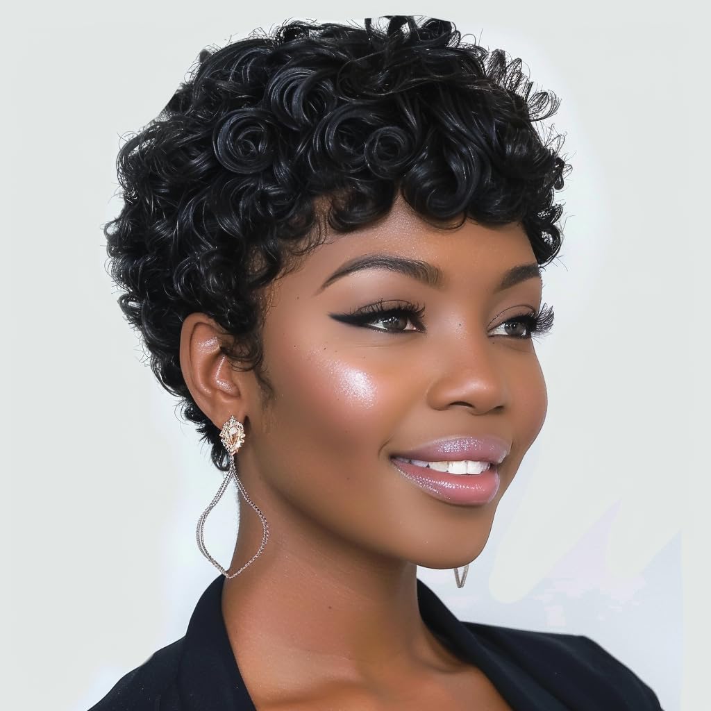 MUJGOO Pixie Black Wigs Short Wigs for Black Women Curly Pixie Hair for Women With Bangs for Women Heat Resistant Fiber Wig for Daily Use (Black-Curly