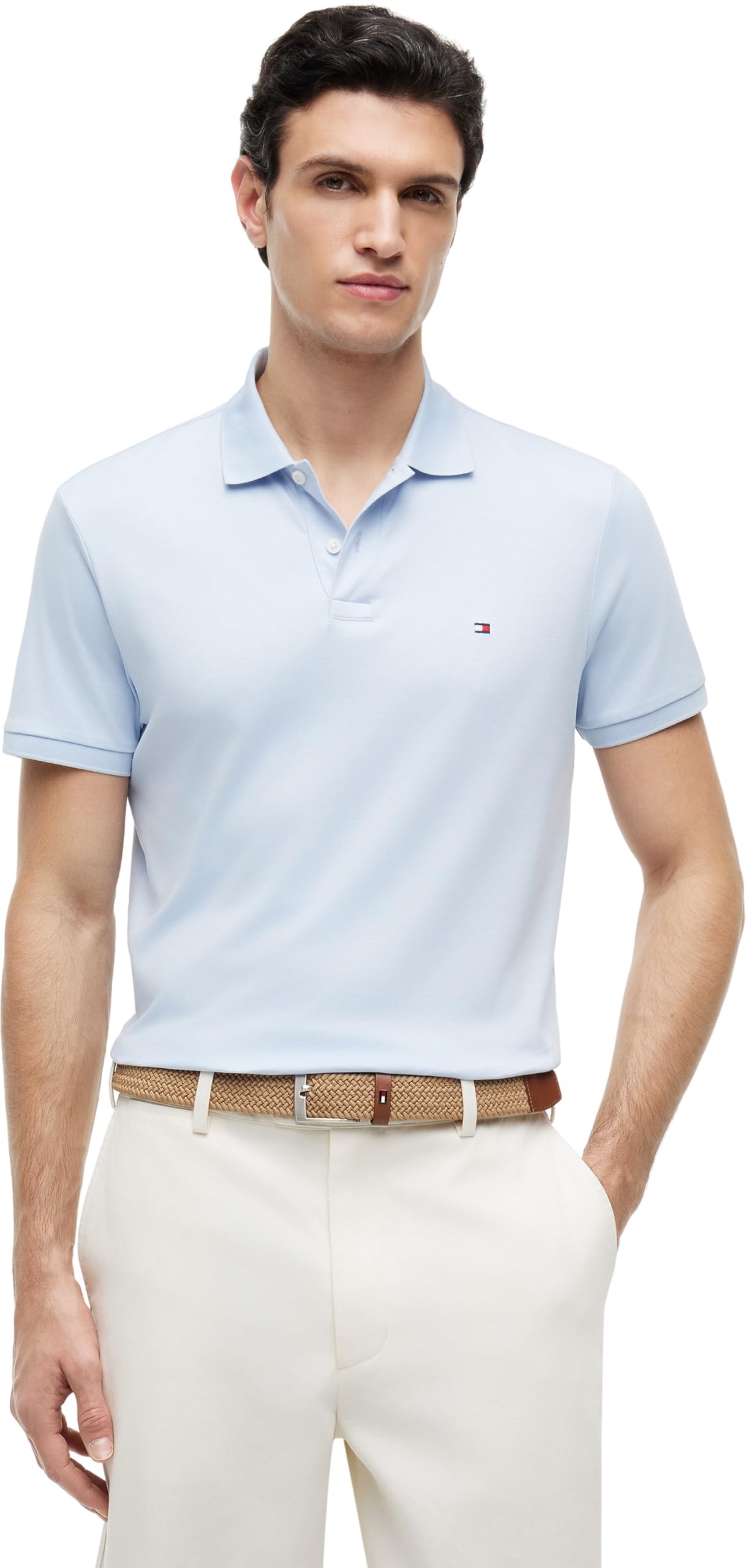 Tommy Hilfiger Men’s Polo Shirt Short Sleeve Liquid Cotton with Button Placket, Blue (Breezy Blue), XL