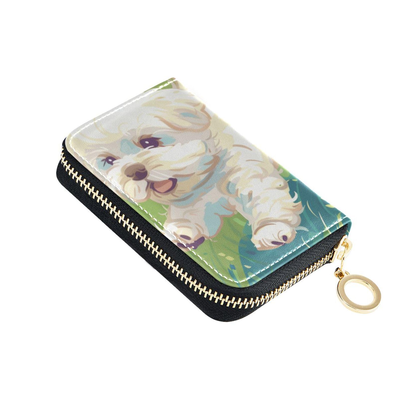 susiyo Cute White Maltese Dogs RFID Credit Card Holder, Women's Leather Wallet Coin Purse with Zipper, Perfect for Travel Business Shopping