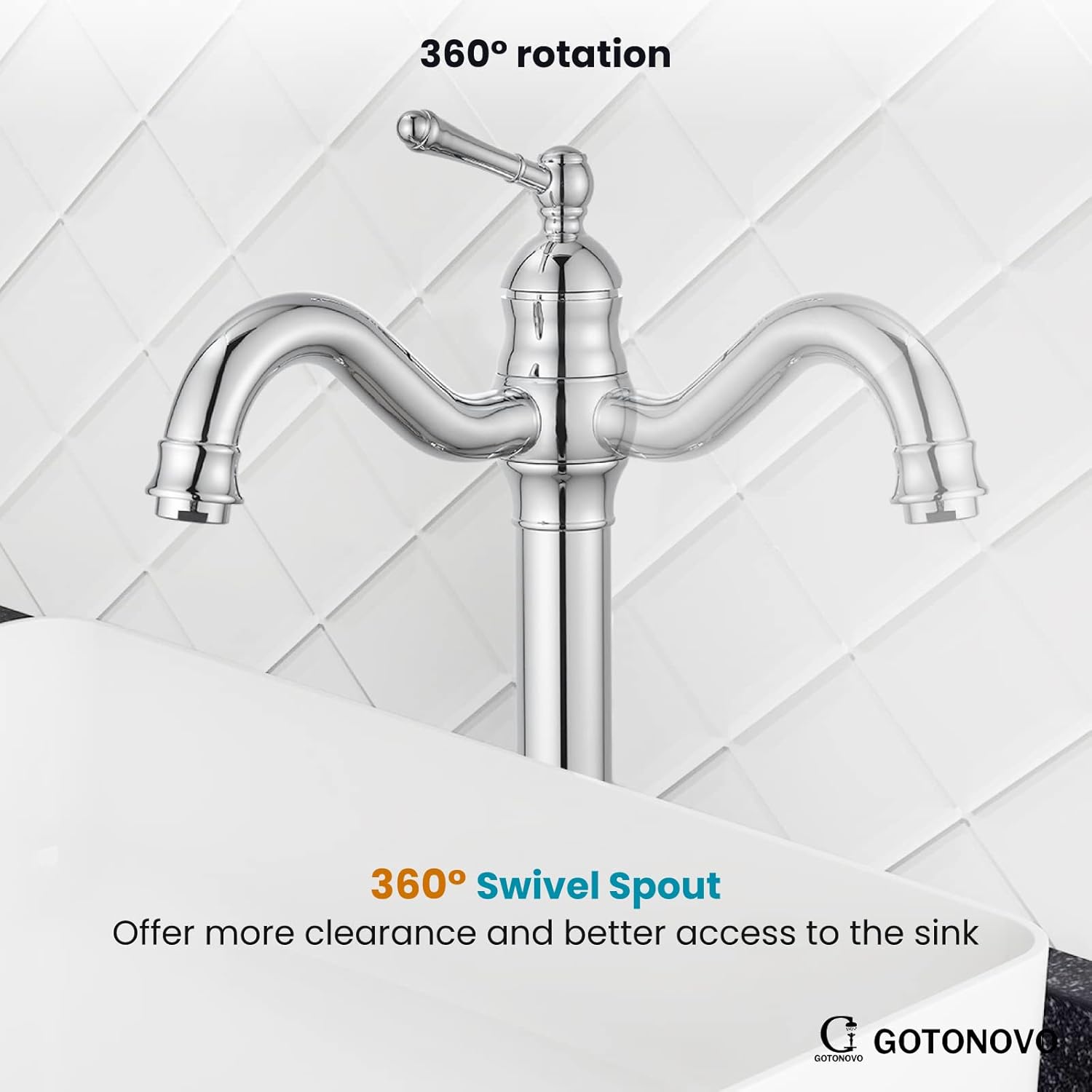 gotonovo Vessel Sink Faucet 360° Swivel Spout Single Handle Tall Bathroom Faucet 1 Hole Farmhouse Lavatory Washbasin Mixer Tap Matching Supply Hoses, Without Pop Up Drain, Polish Chrome