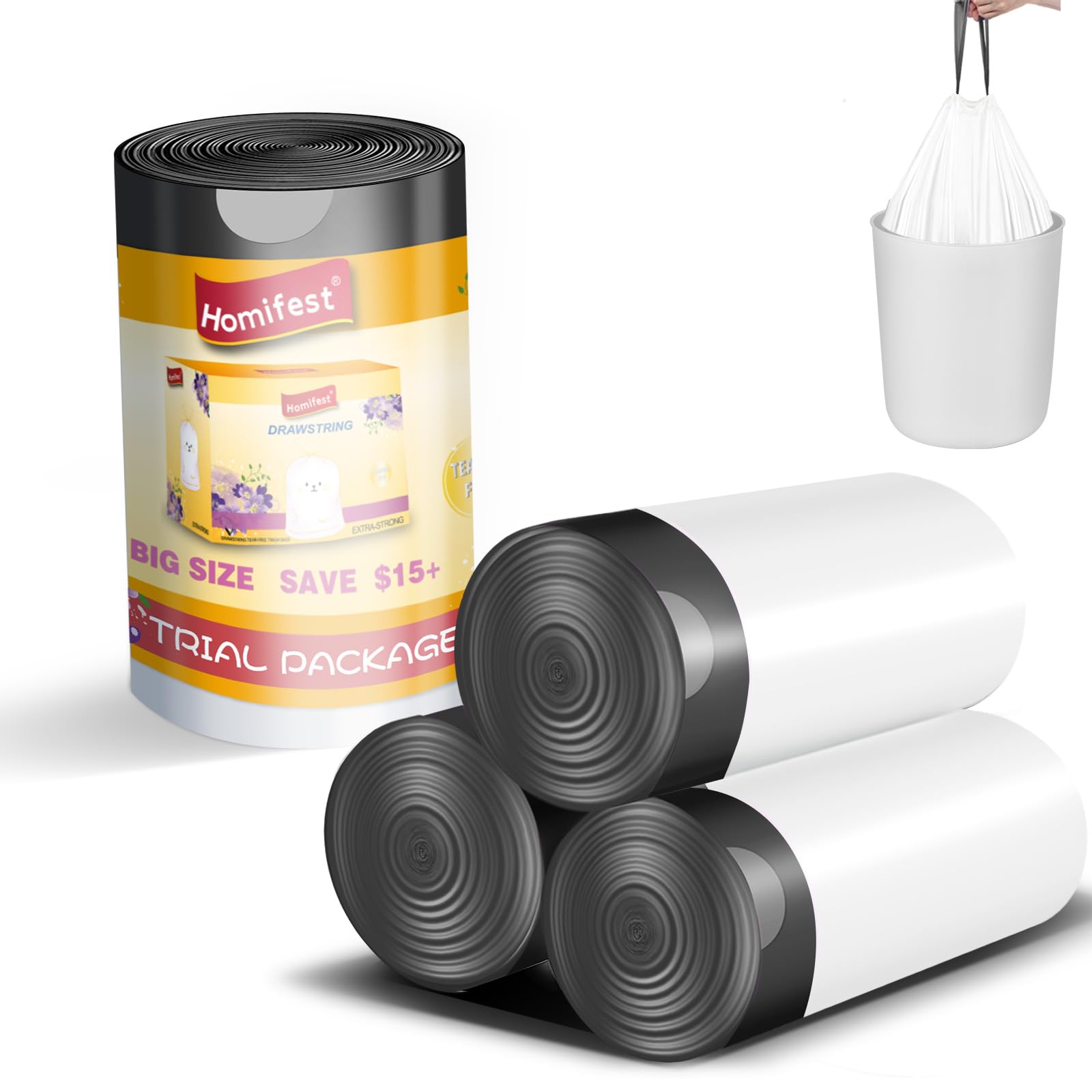 Homifest 1.2 Gallon Drawstring Trash Bags, 60 Count White