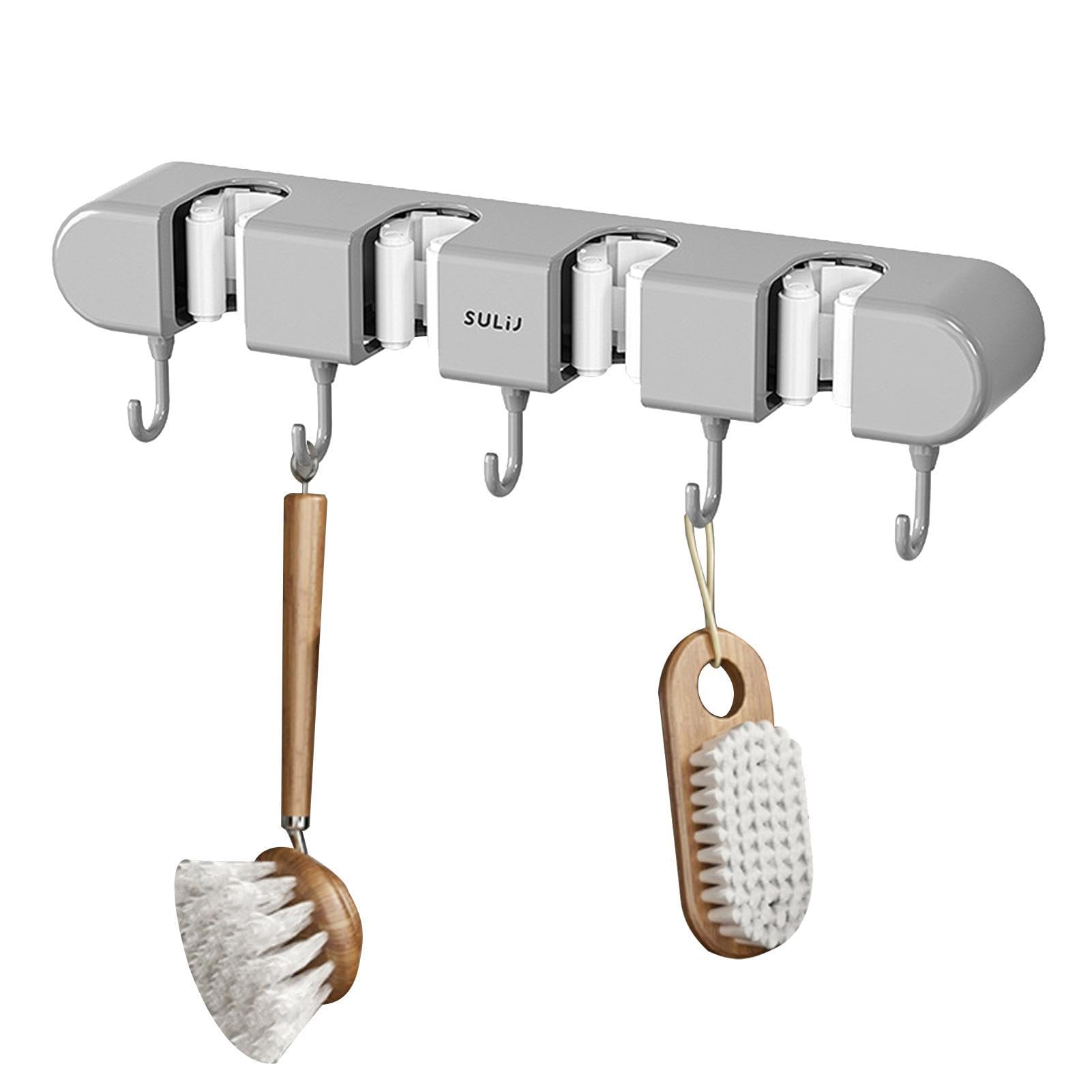 Jasufud Mop And Broom Holder Wall Mount - 4Wall Mounted Organizer With 4 Position 5 Hooks, Utility Room Storage Solutions For Kitchen, Bathroom, Kitchen Laundry Cupboard