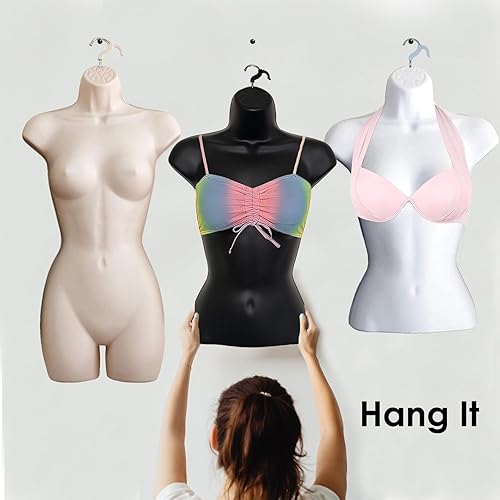Miniatura 16 de DisplayTown Maniquí femenino a la cadera, torso largo, espalda hueca, cuerpo apilable, con gancho para colgar, para exhibición de camisetas, Blanco