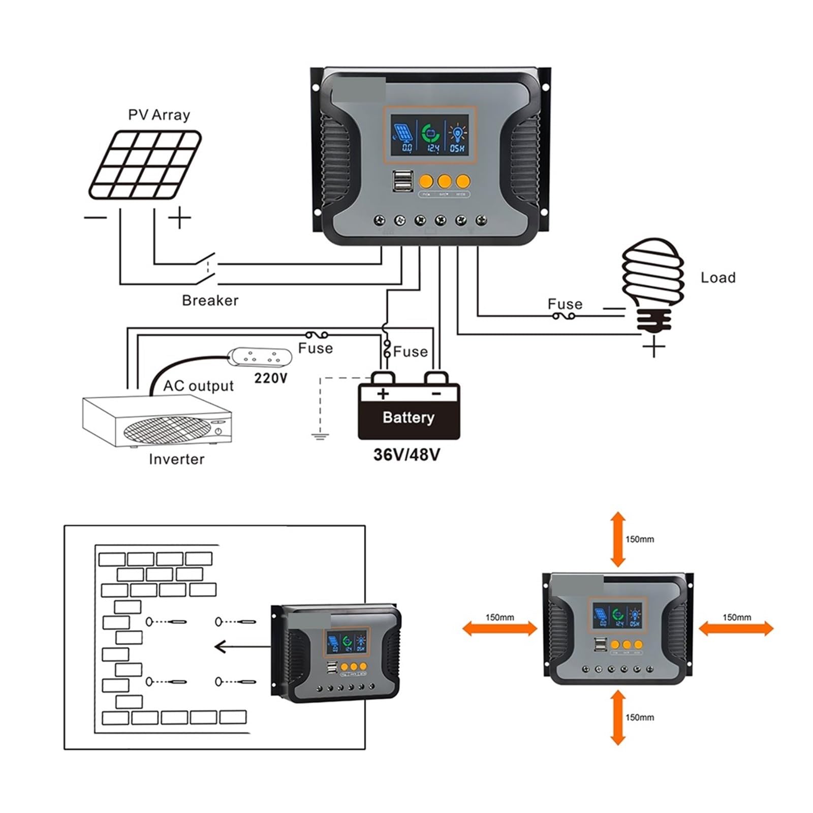 PWM 30A 60A 80A Solar Laderegler Arbeit for 12V 24V 36V 48V Batterie LED Bildschirm USB 5A/2A Max PV 100V Slient Betrieb(80A)