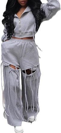 SHINFY Sweatsuits Women 2 Piece Outfit Fringe Zip Up Hoodie Cut Out Sweatpants Y2k Fall Fashion Jogger Tracksuits Sets